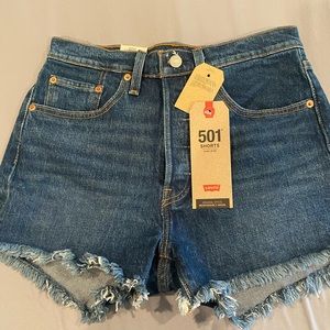 Levi 501 high rise shorts. Dark denim